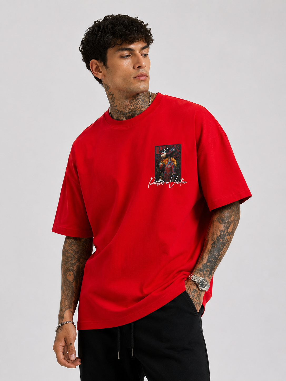 Red oversized heavyweight T-shirt with chest graphic print, crew neck, slightly dropped shoulders