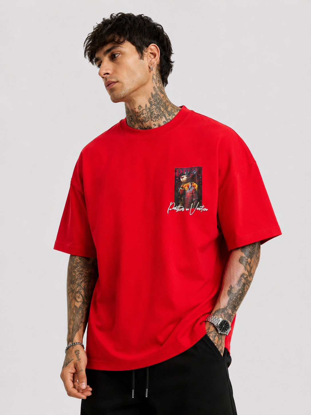 Red oversized heavyweight T-shirt with chest graphic print, crew neck, relaxed drape