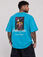 Cerulean blue drop-shoulder graphic shirt with large back print