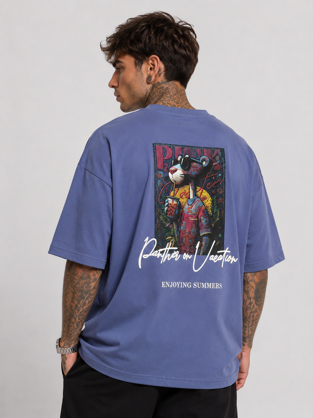 Mineral blue oversized T-shirt with large back artwork and Enjoying Summers
