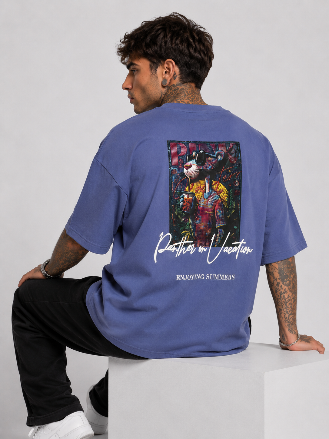 Mineral blue oversized T-shirt with large back print and crew neck