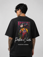 Matte black heavyweight drop-shoulder tee with large back graphic and text