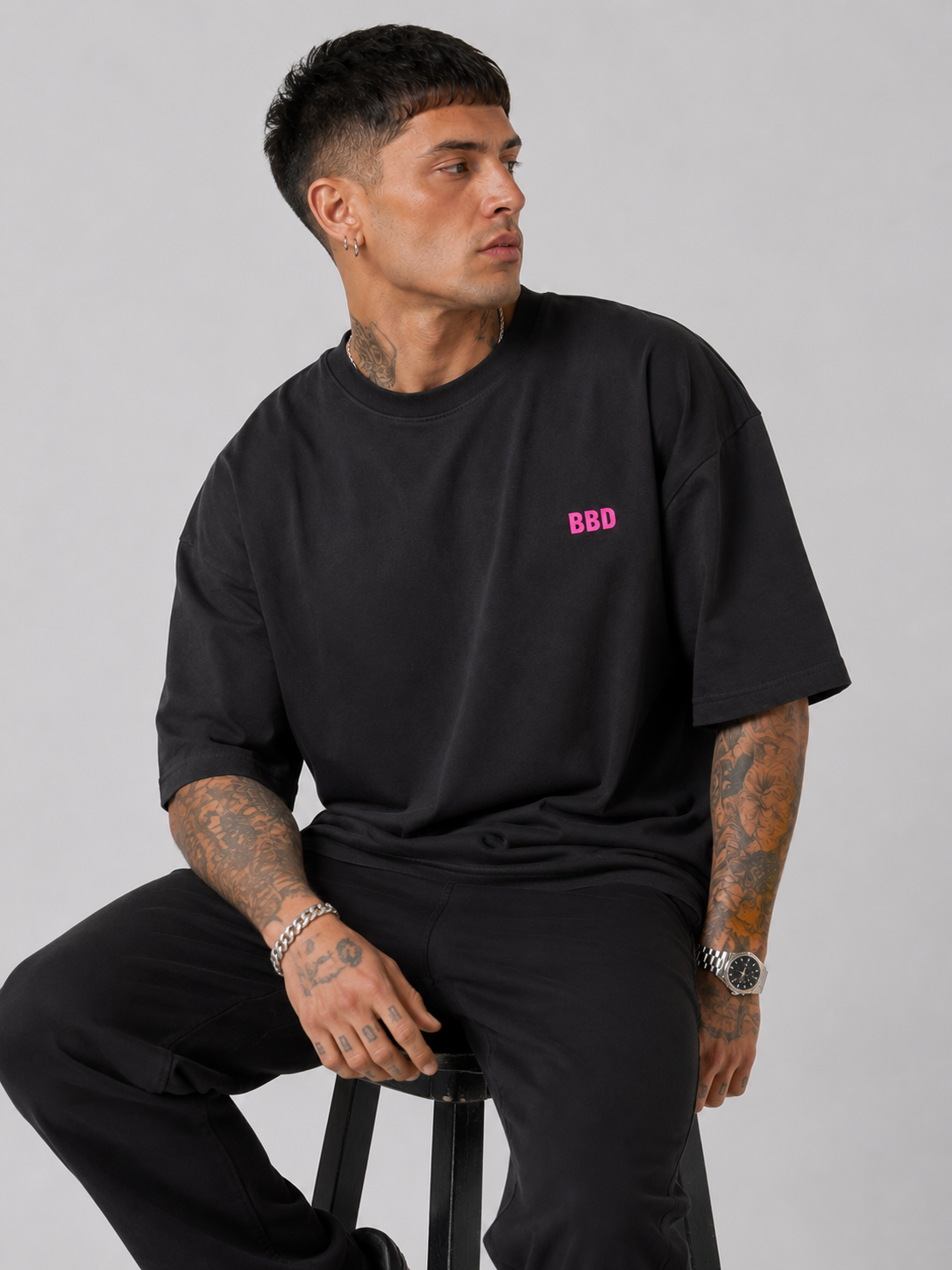 Matte Black & Hot Pink Heavy Drop Shoulder Tee
