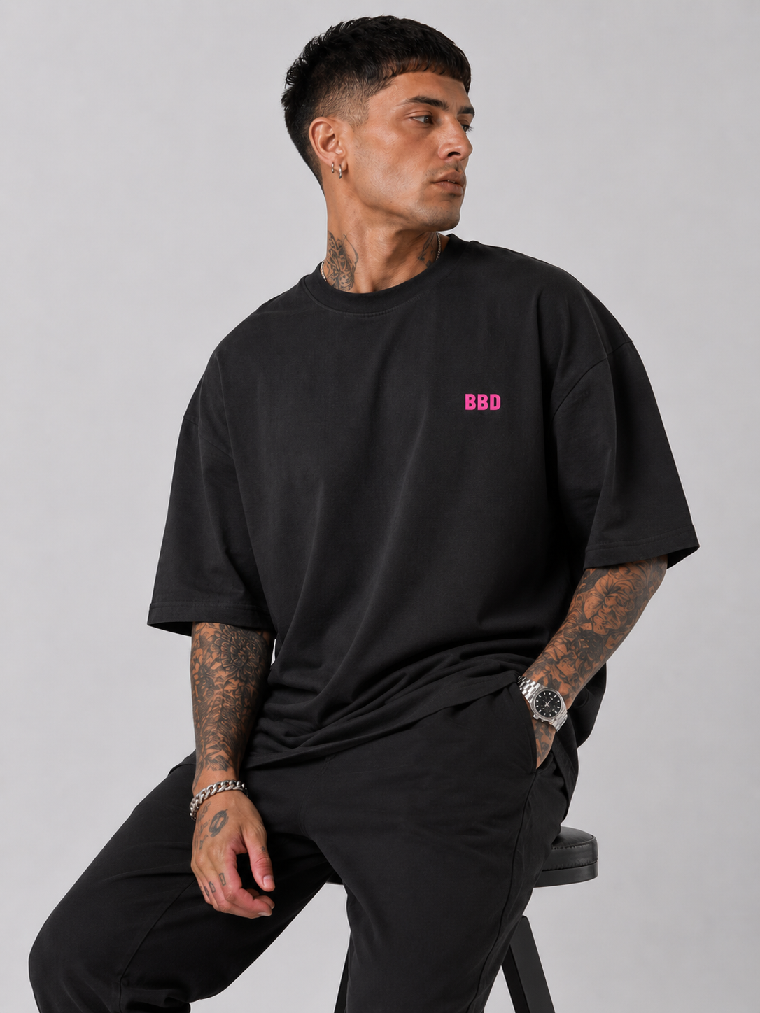 Matte Black & Hot Pink Heavy Drop Shoulder Tee