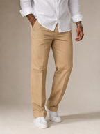 Khaki tan linen straight-fit trousers with front pleats and belt-loop waistband