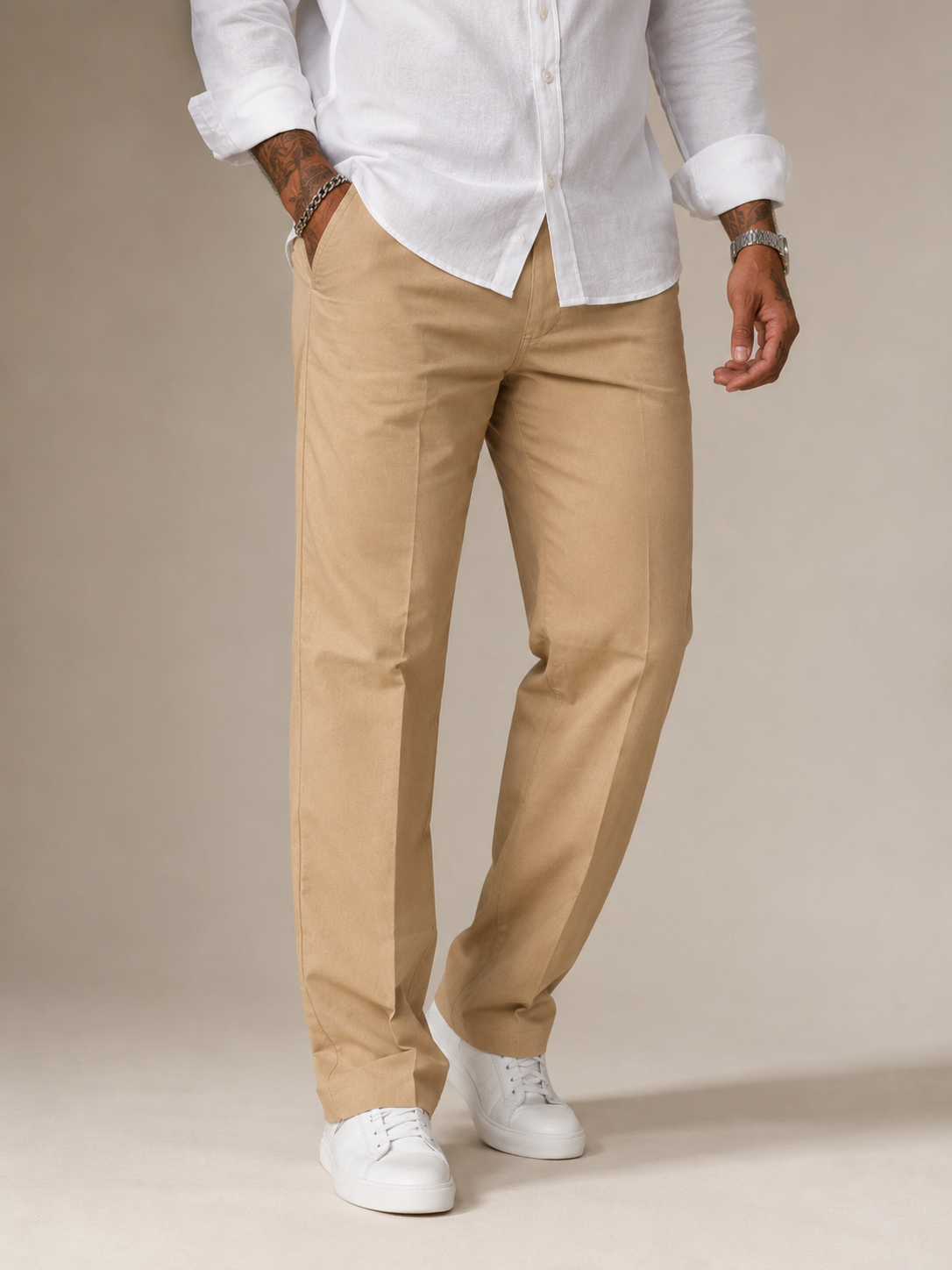 Khaki Tan Structured Straight Fit Linen Trousers