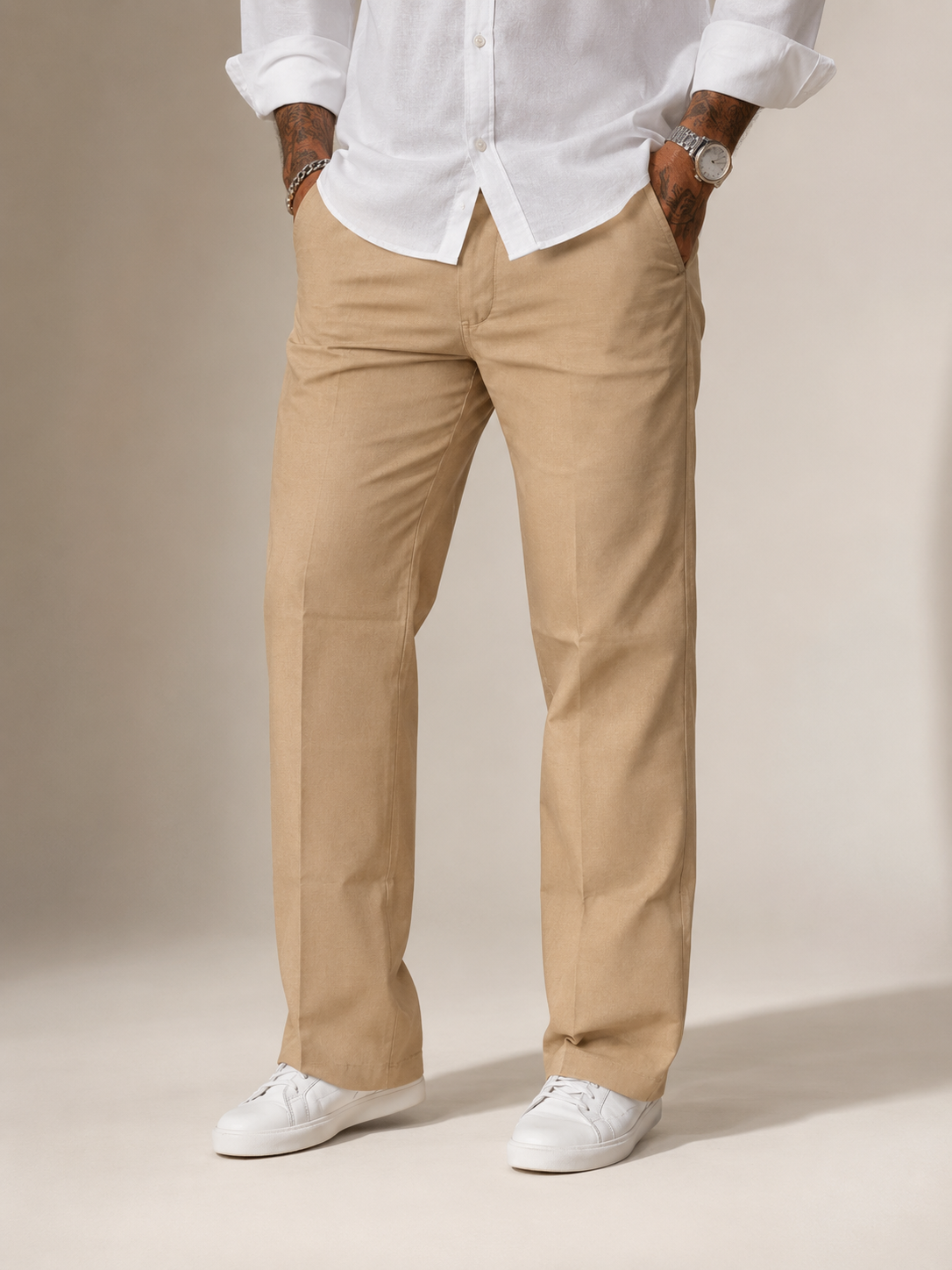 Khaki Tan Structured Straight Fit Linen Trousers