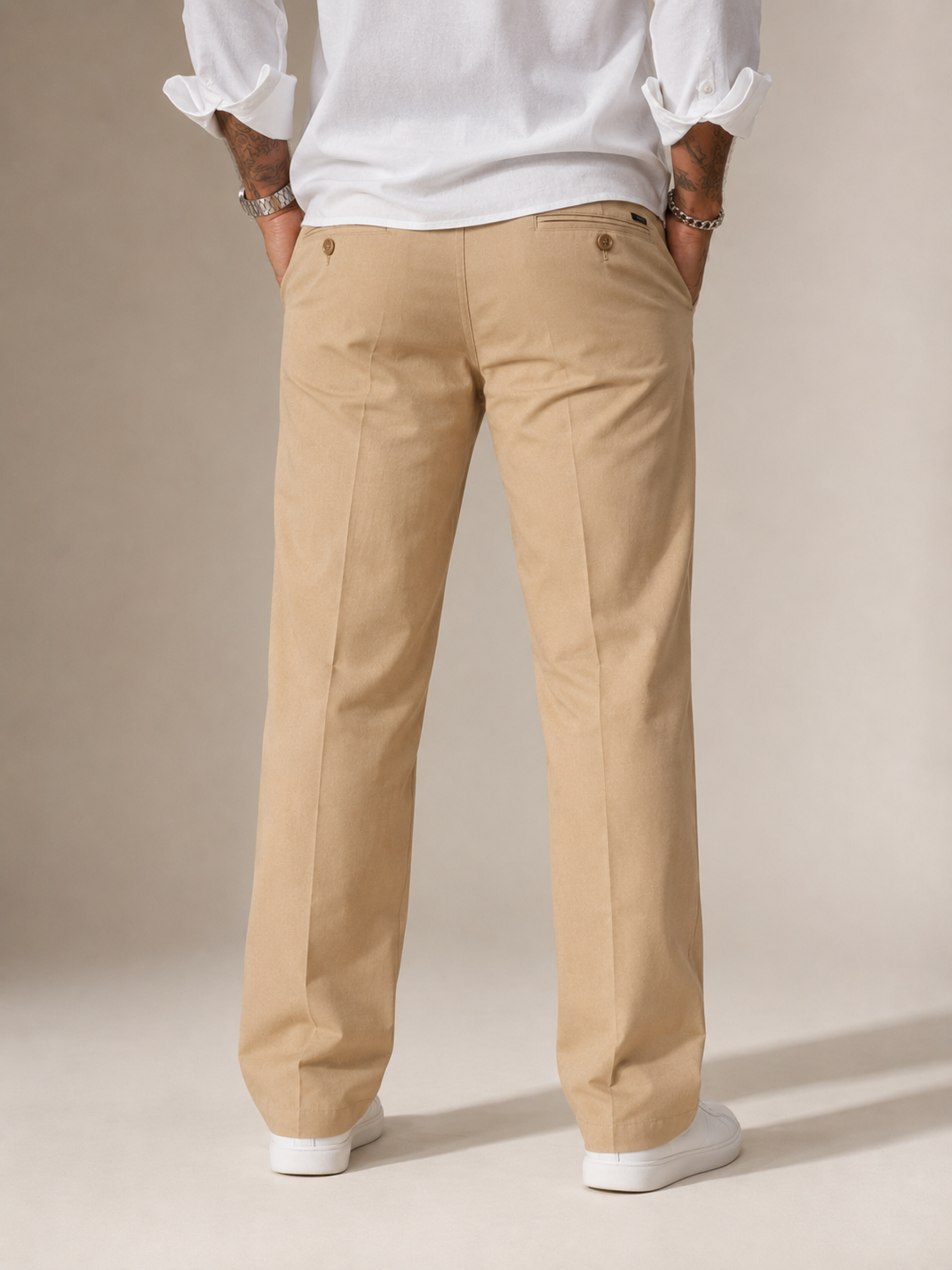Khaki Tan Structured Straight Fit Linen Trousers