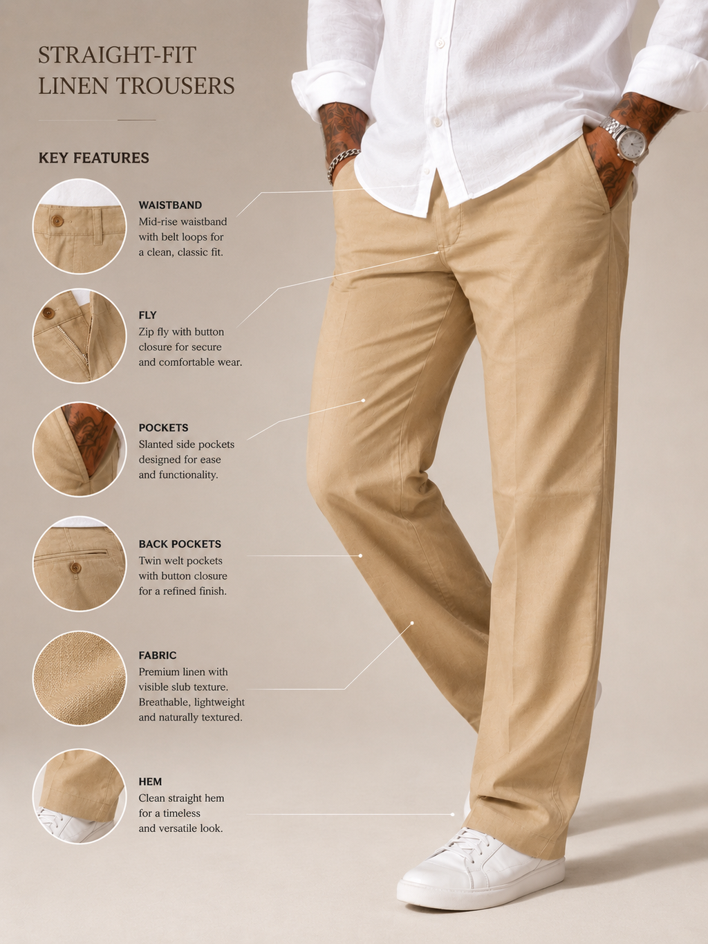 Tan linen straight-fit trousers showing front fly, pockets, and back yoke stitching