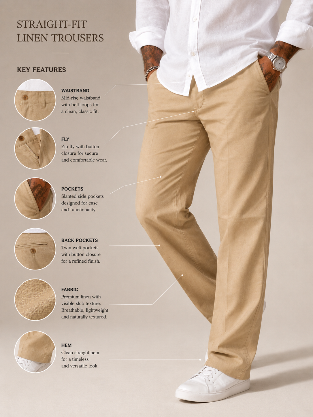 Khaki Tan Structured Straight Fit Linen Trousers
