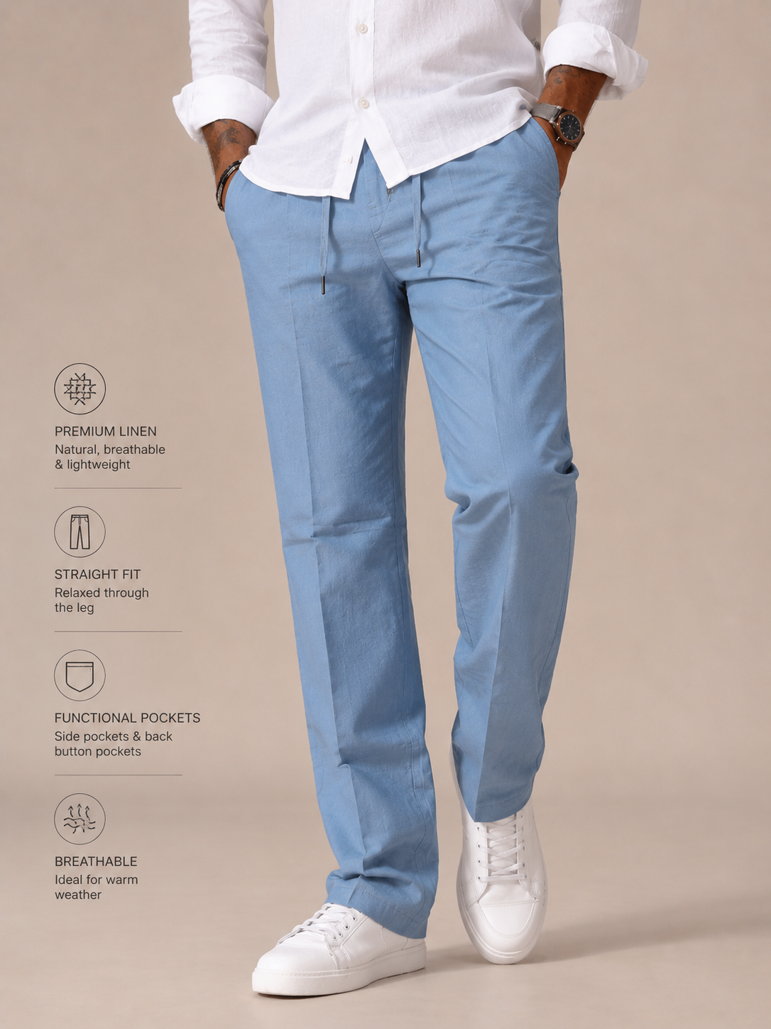 Steel Blue Structured Straight Fit Linen Casual Trousers