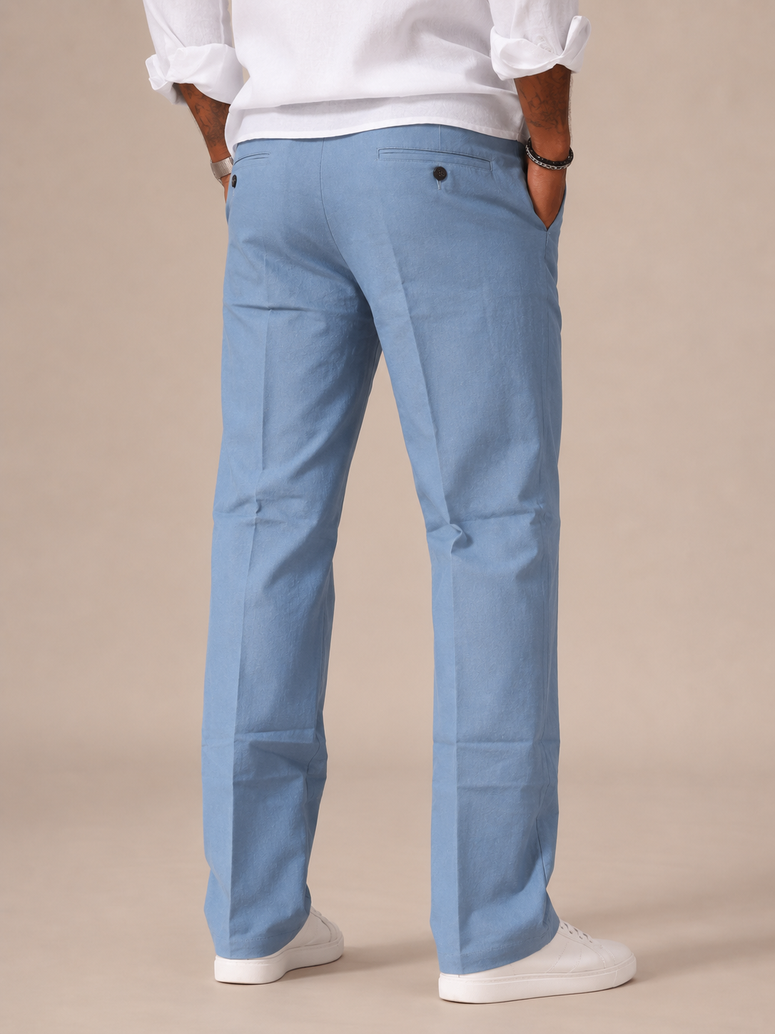 Steel Blue Structured Straight Fit Linen Casual Trousers
