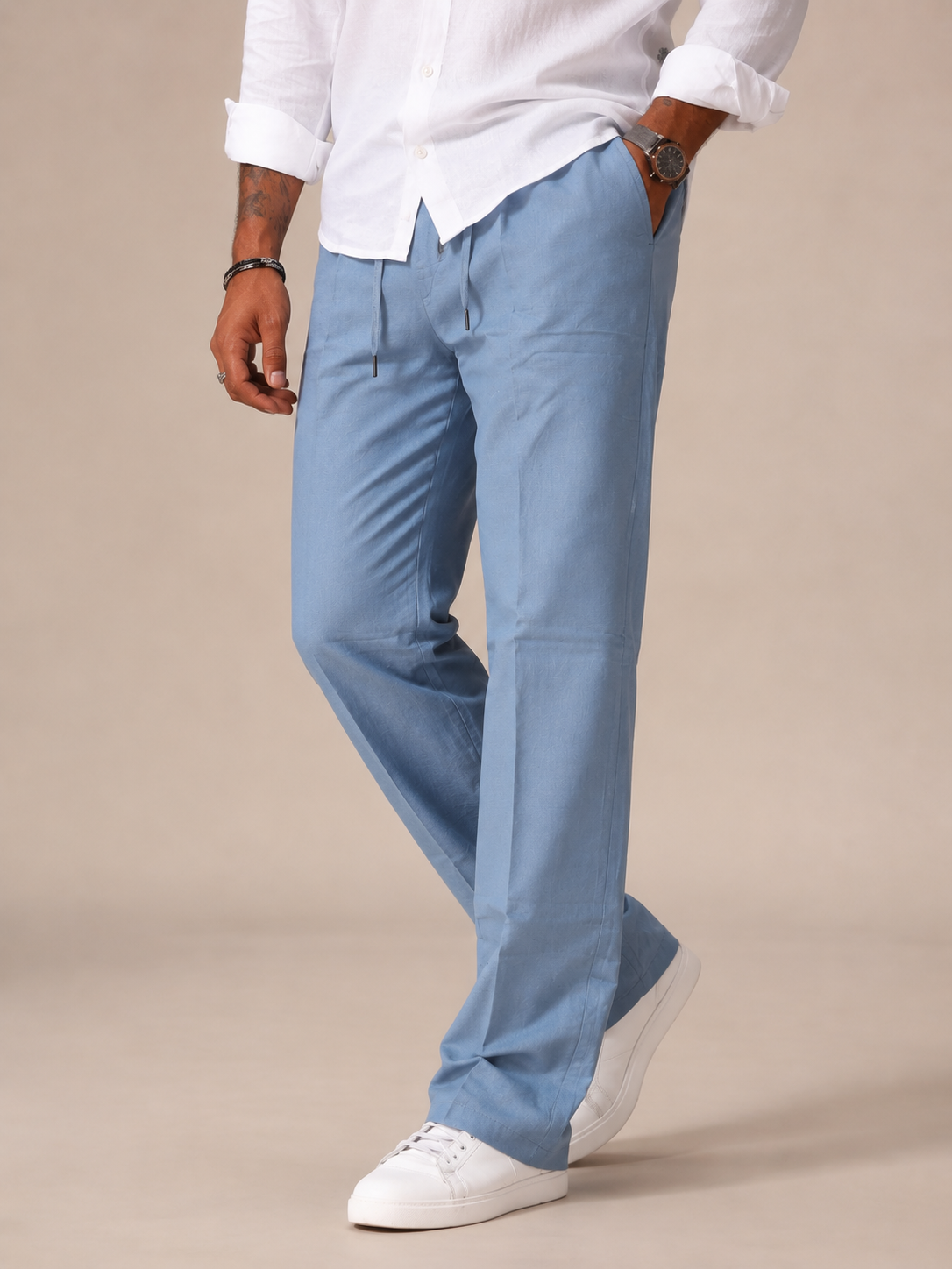 Steel Blue Structured Straight Fit Linen Casual Trousers