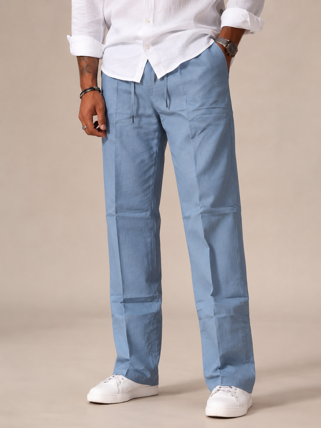 Steel Blue Structured Straight Fit Linen Casual Trousers