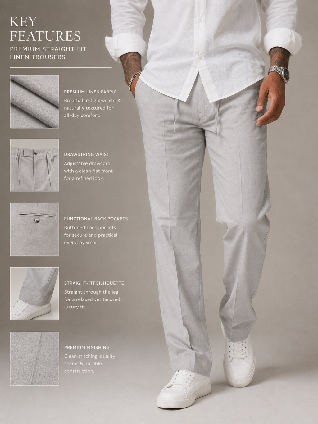 Light gray linen trousers with drawstring waist and multiple pockets, straight fit