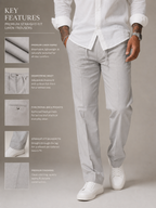 Light gray linen trousers with drawstring waist and multiple pockets, straight fit