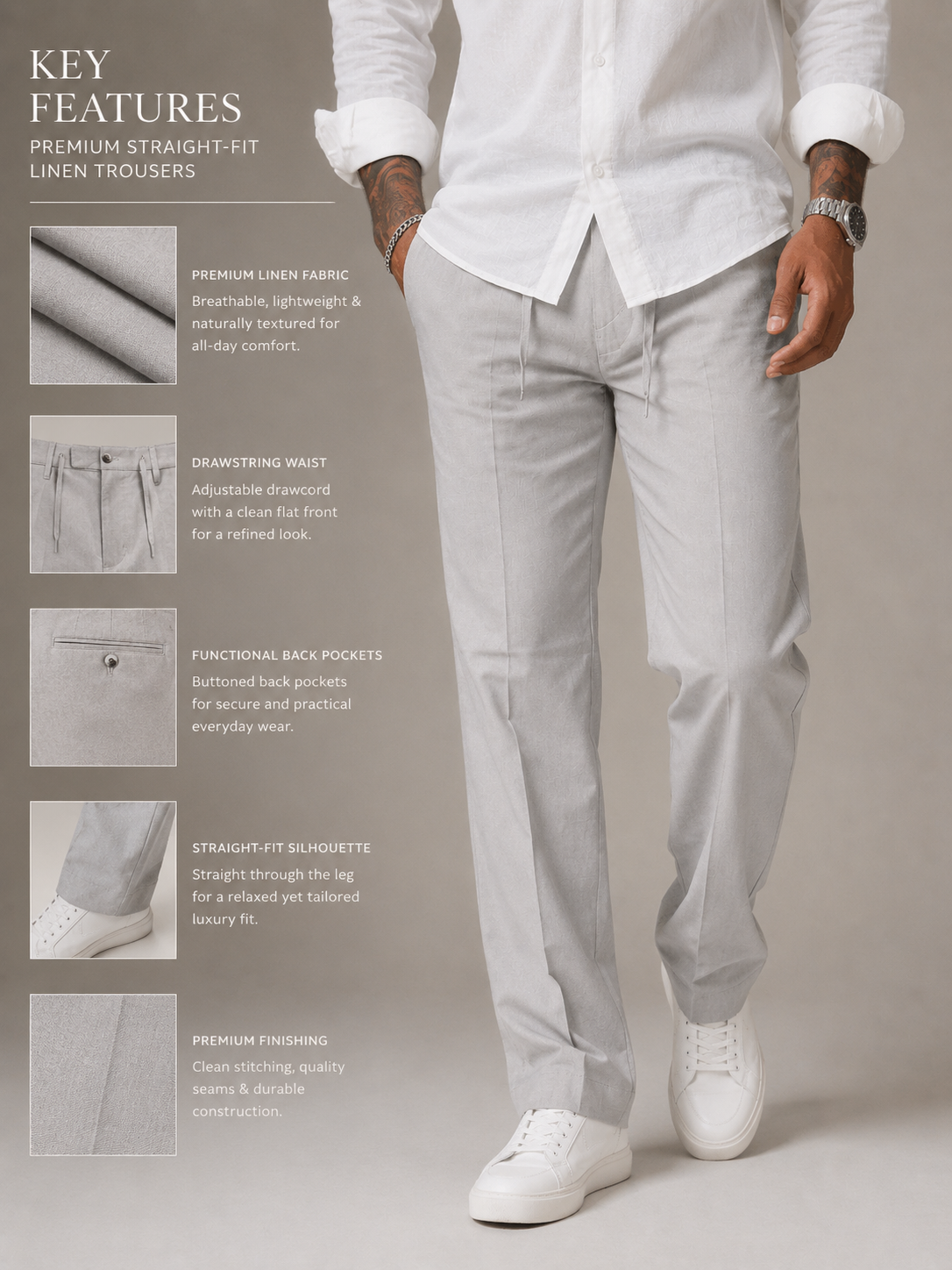 Soft Silver Grey Structured Straight Fit Linen Pants