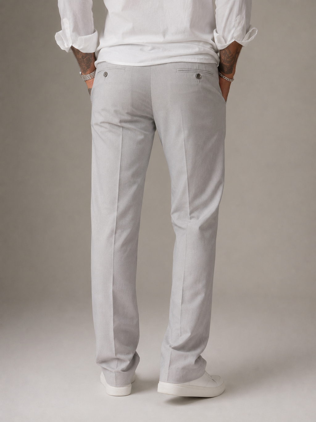 Light gray structured linen straight-fit pants with button waist and front pockets