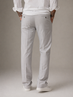 Light gray structured linen straight-fit pants with button waist and front pockets