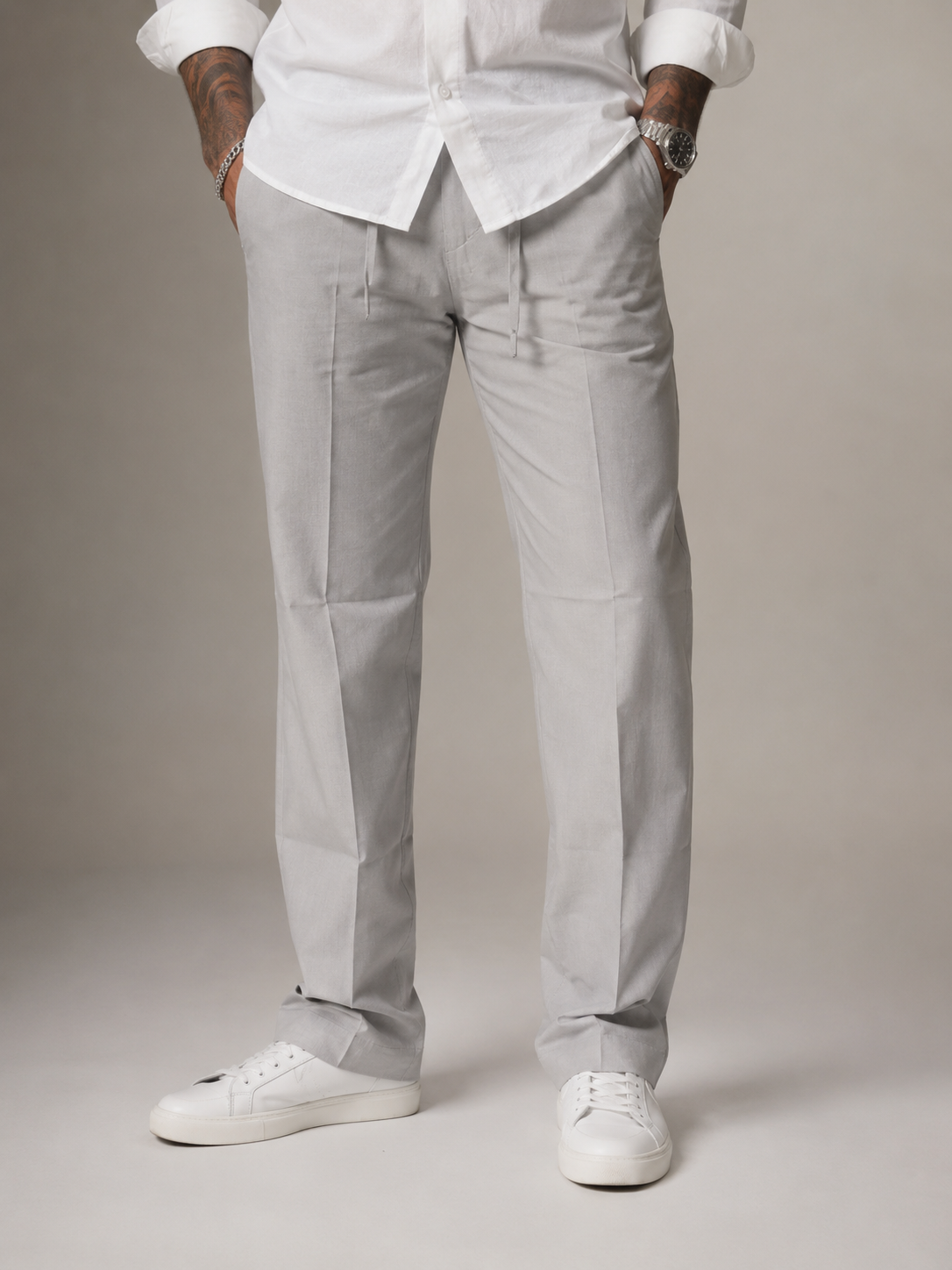 Soft Silver Grey Structured Straight Fit Linen Pants