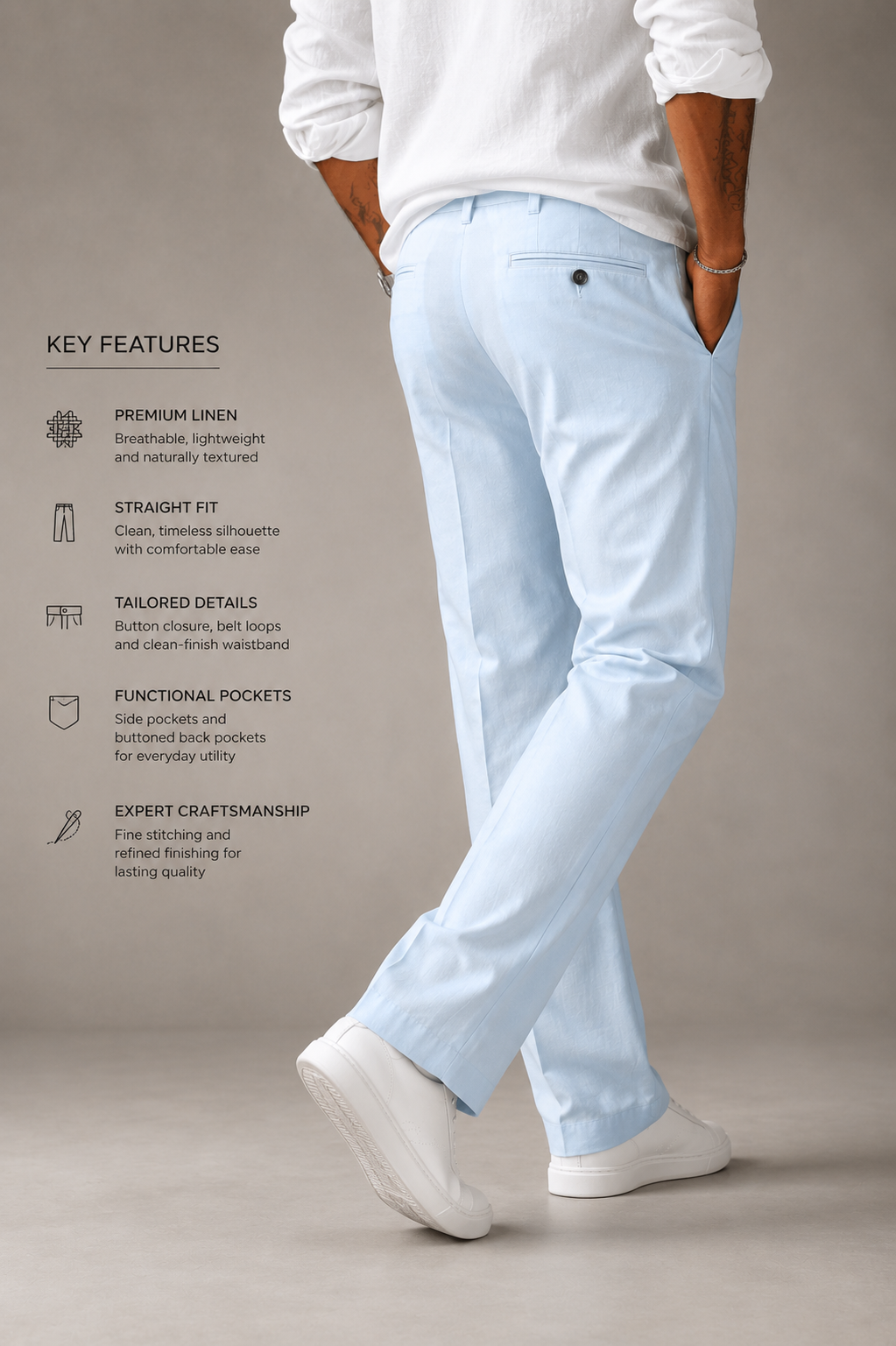 Light Sky Blue Structured Straight Fit Linen Casual Trousers