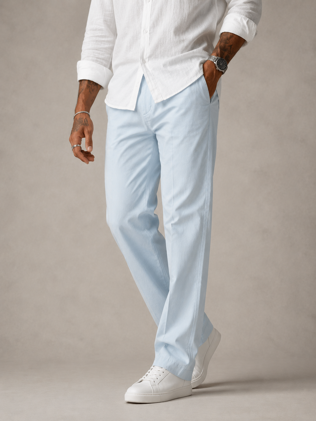 Light Sky Blue Structured Straight Fit Linen Casual Trousers