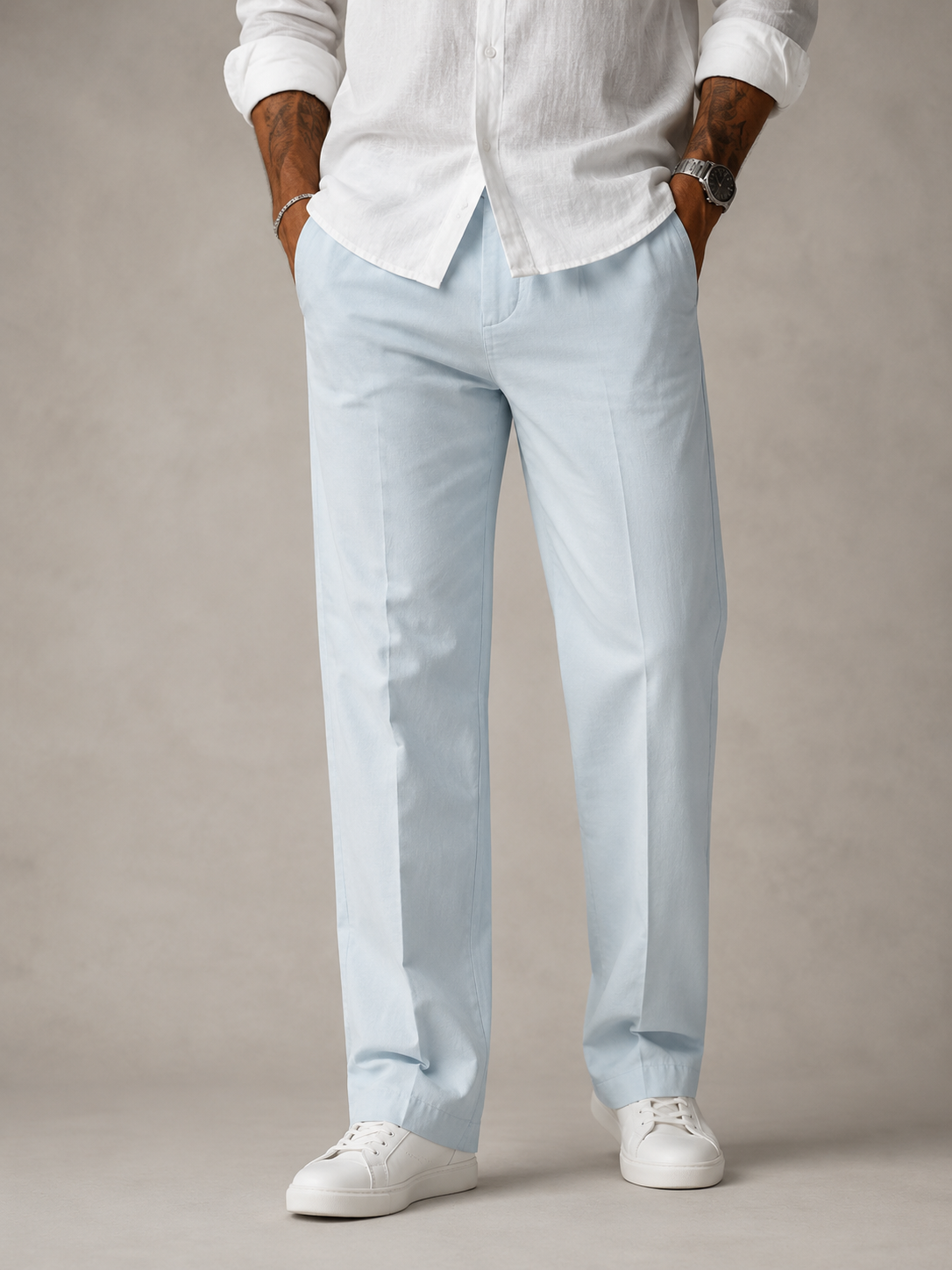 Light Sky Blue Structured Straight Fit Linen Casual Trousers