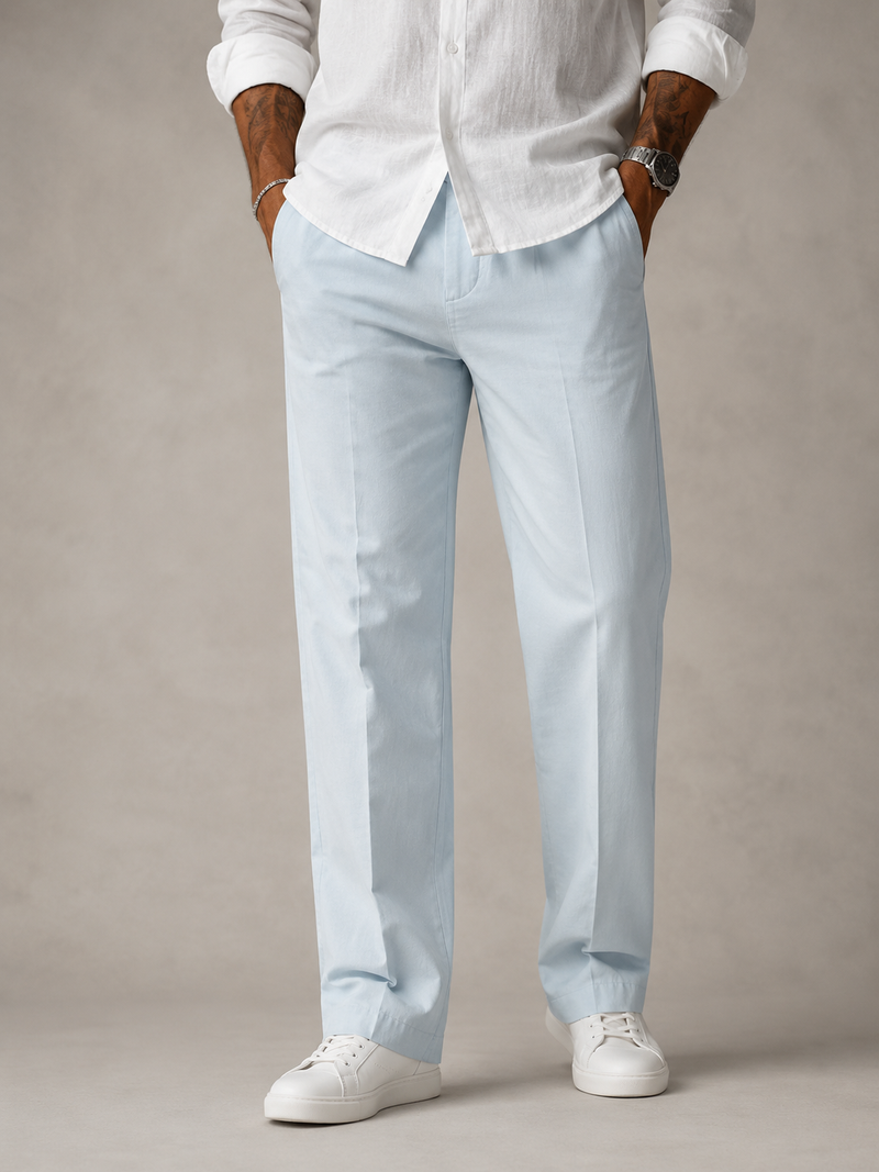 Light sky blue linen trousers, straight leg, belt loops and front pocket