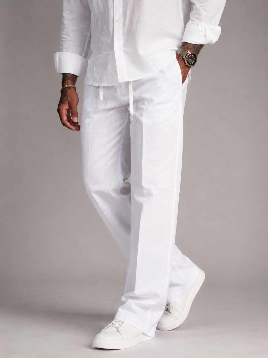 Opaque White Straight Fit Linen Pants