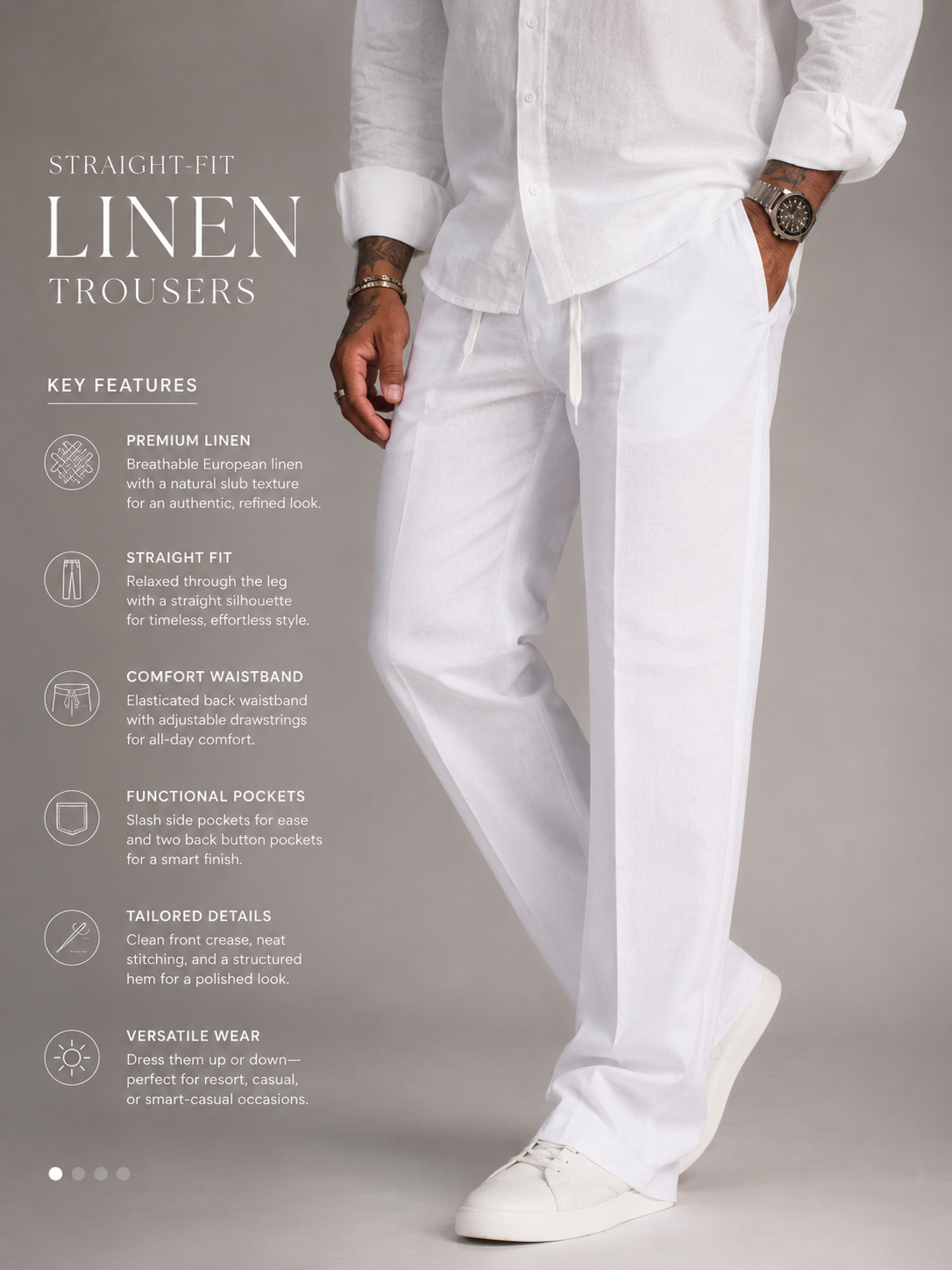 Opaque White Straight Fit Linen Pants