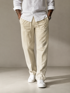Light cream linen straight-fit trousers with drawstring waistband and front pockets