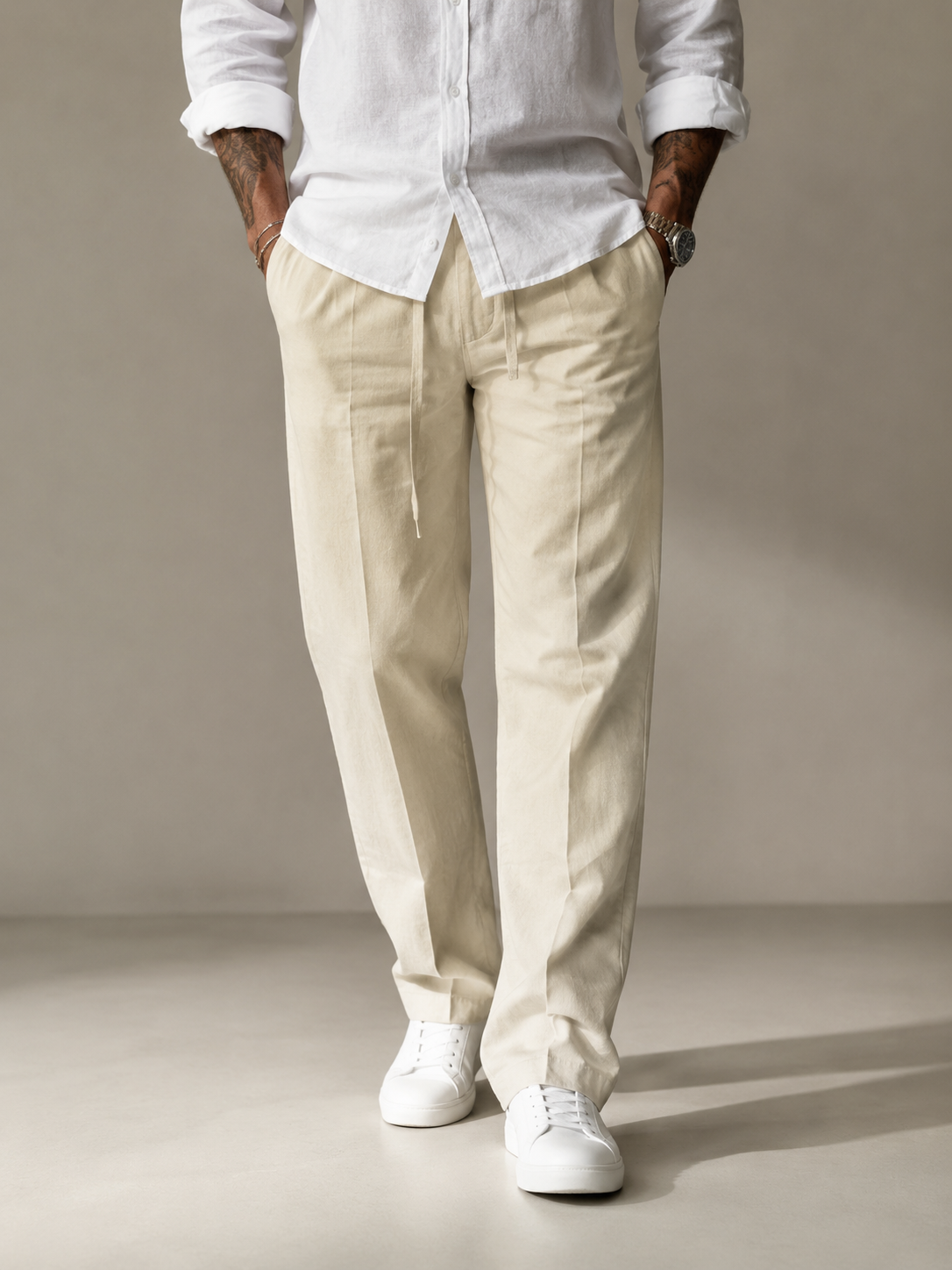 Elegant Light Cream Structured Straight Fit Linen Trousers
