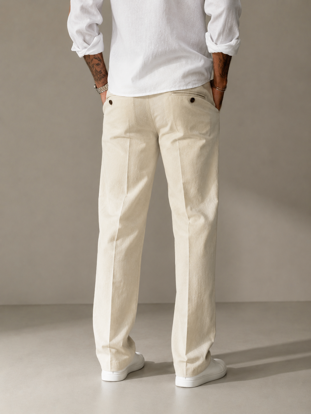 Elegant Light Cream Structured Straight Fit Linen Trousers