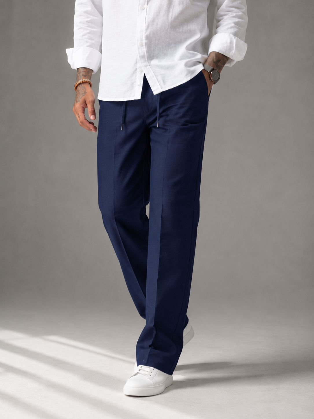 Classic Midnight Navy Structured Straight Fit Linen Trousers