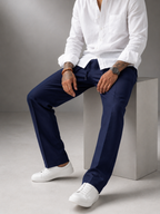 Midnight navy linen straight-fit trousers, pleat front with belt loops and side pockets