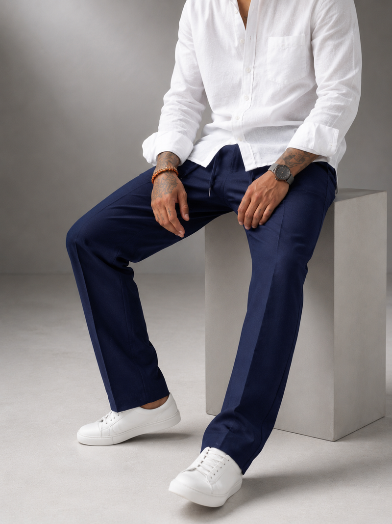Midnight navy linen straight-fit trousers, pleat front with belt loops and side pockets