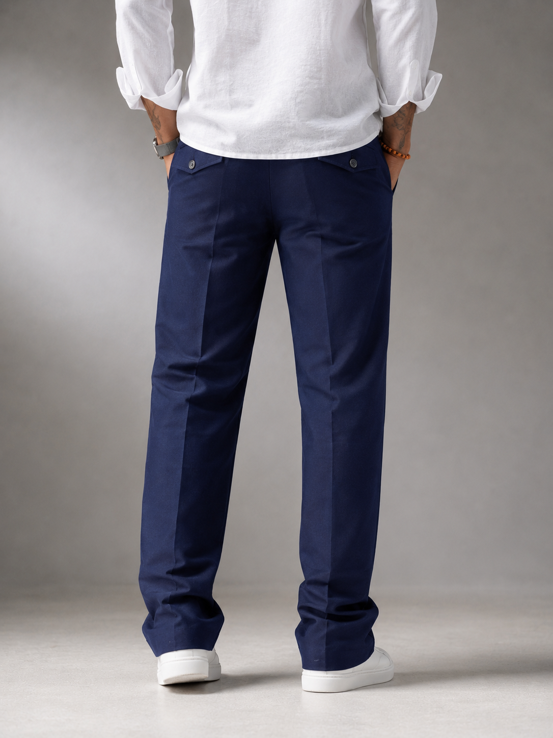 Classic Midnight Navy Structured Straight Fit Linen Trousers