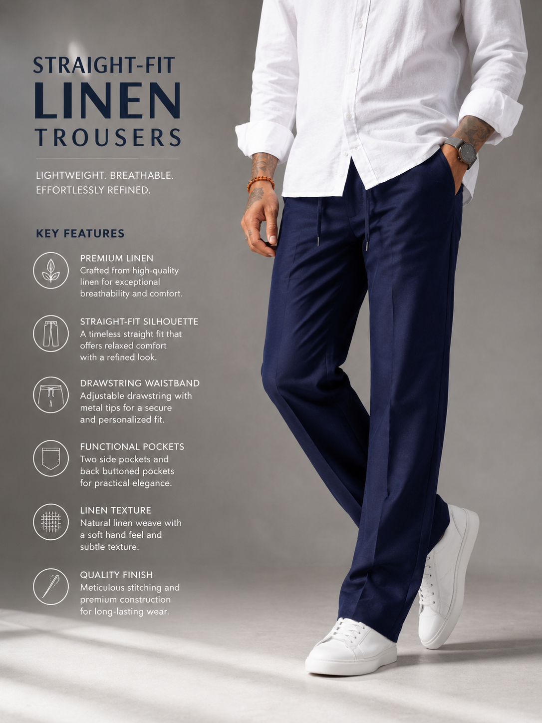 Classic Midnight Navy Structured Straight Fit Linen Trousers