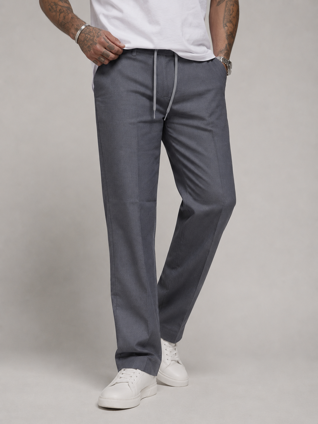 Muted Slate Grey Structured Straight Fit Linen Trousers