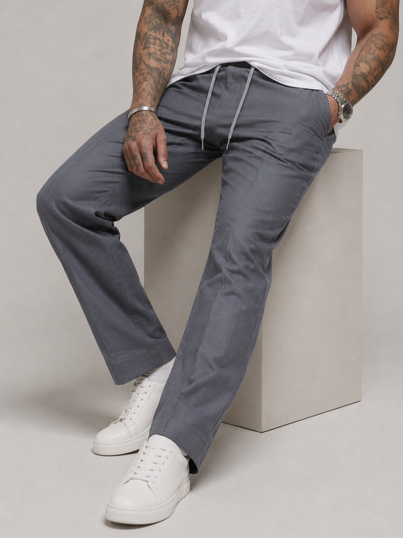 Dark grey linen straight-fit trousers, drawstring waist, side pockets