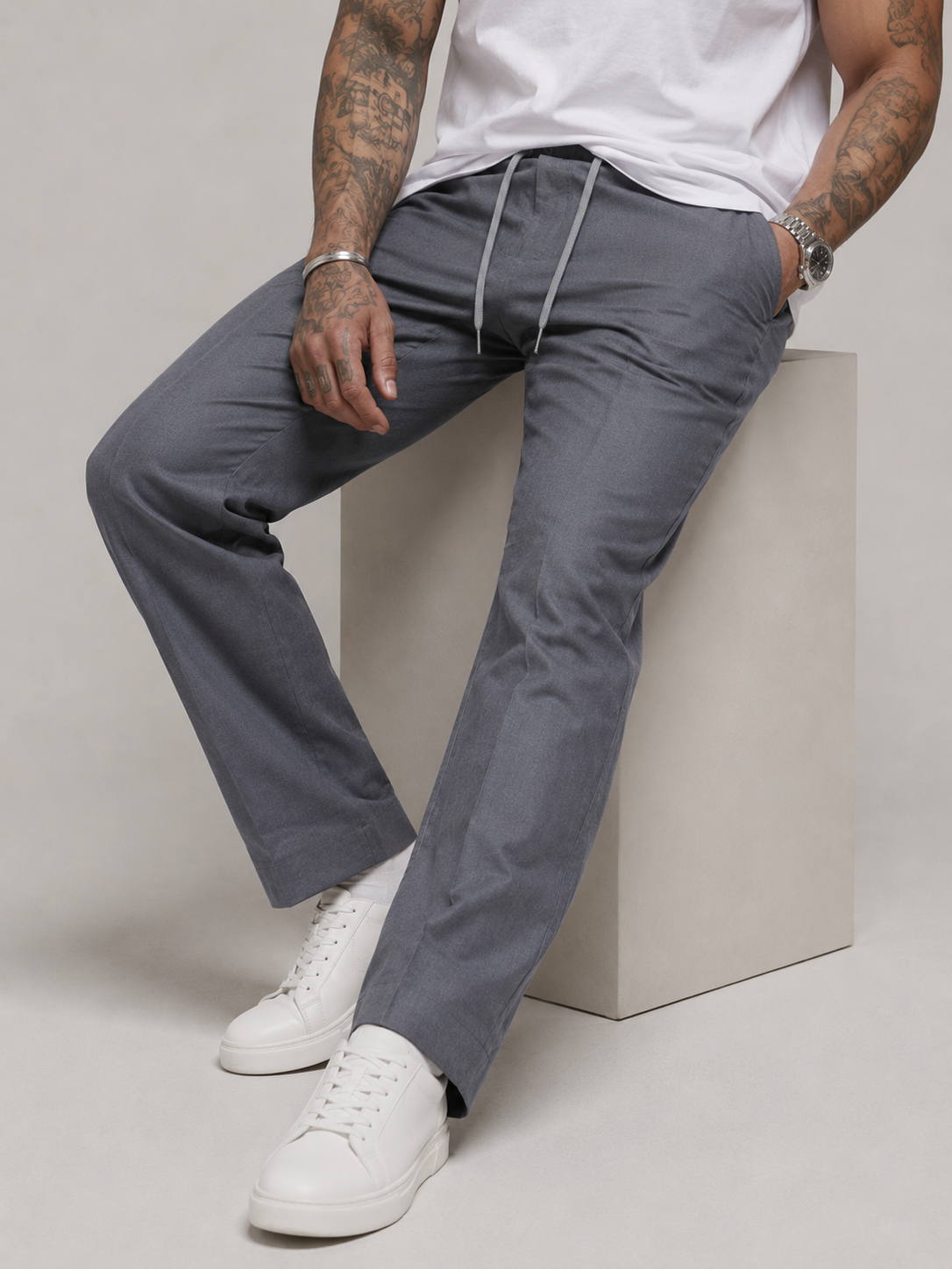 Muted Slate Grey Structured Straight Fit Linen Trousers