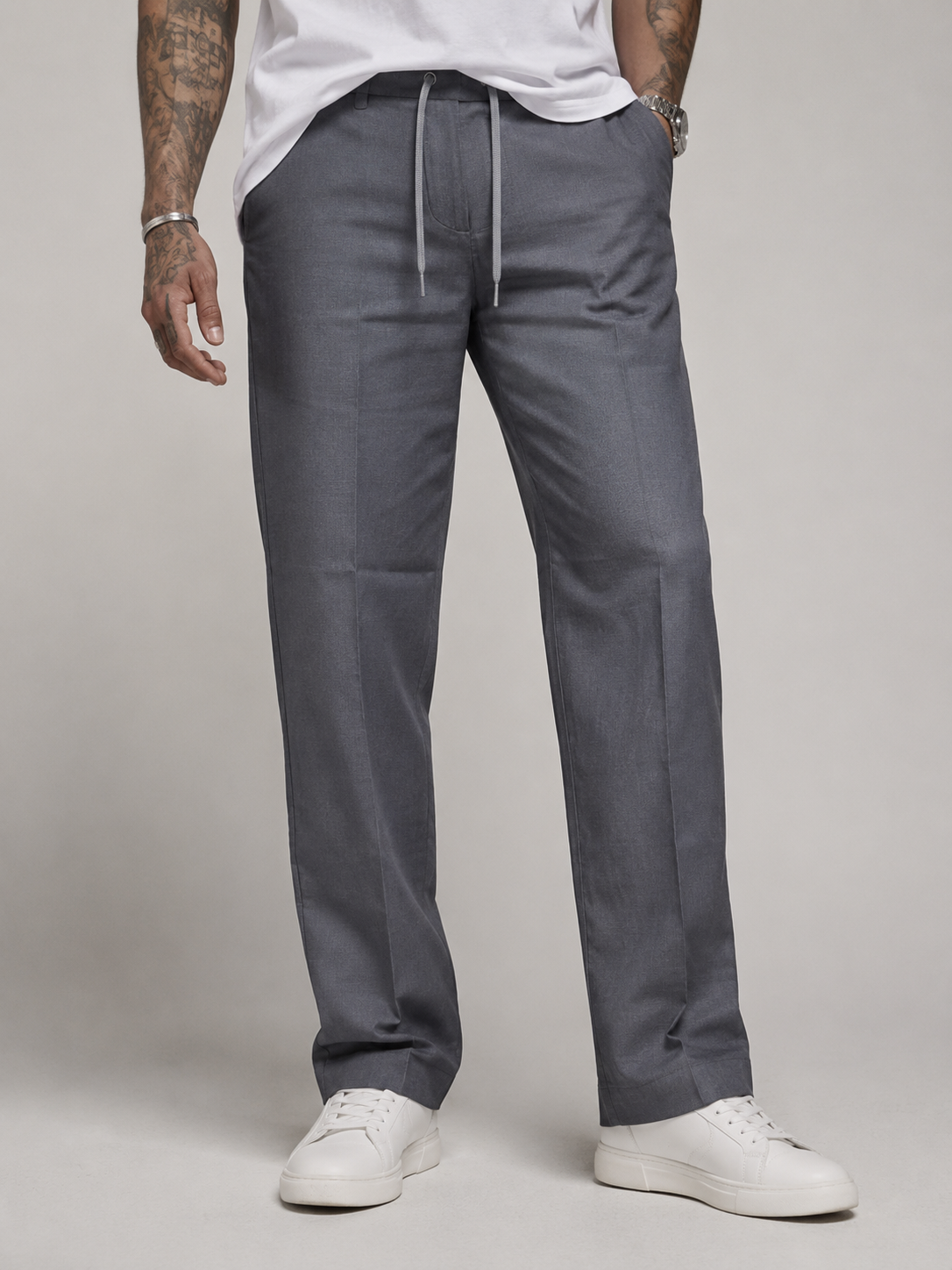 Muted Slate Grey Structured Straight Fit Linen Trousers