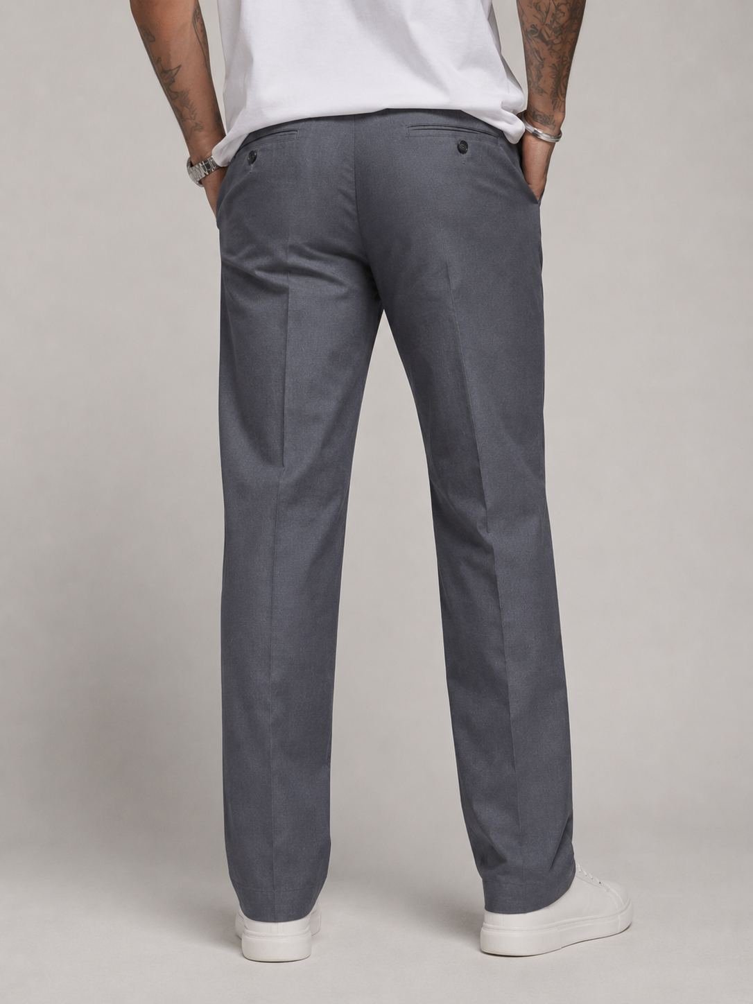 Muted Slate Grey Structured Straight Fit Linen Trousers