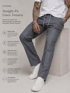 Dark grey linen straight-fit trousers with drawstring and front pockets