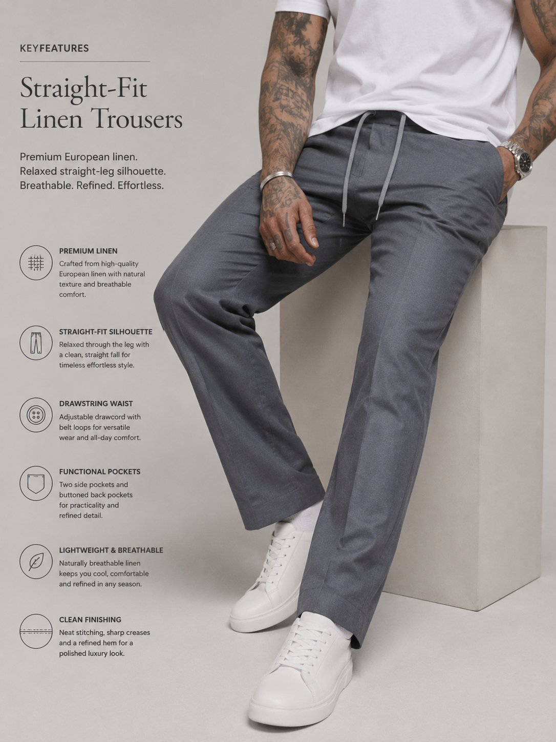 Muted Slate Grey Structured Straight Fit Linen Trousers