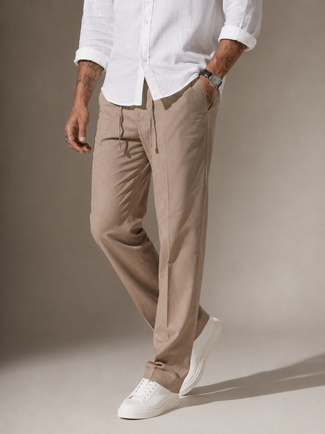 Taupe Beige Straight Fit Linen Casual Trousers