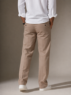 Taupe beige linen straight-fit trousers with buttoned front and straight leg