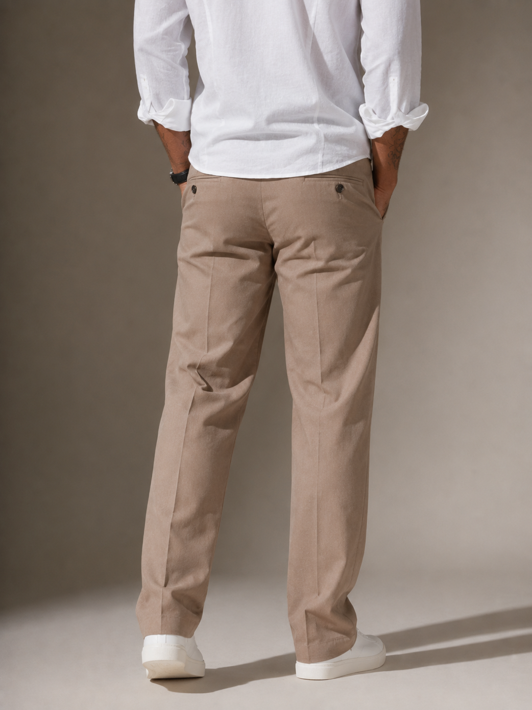 Taupe Beige Straight Fit Linen Casual Trousers