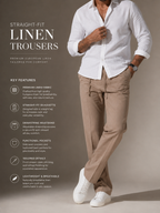 Taupe beige straight-fit linen trousers, drawstring waist and side pockets