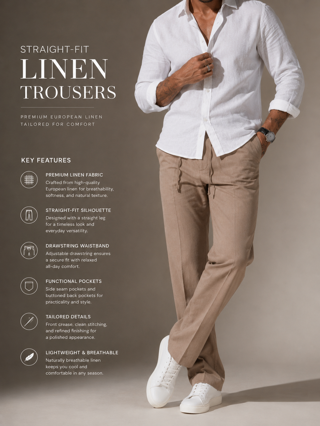 Taupe Beige Straight Fit Linen Casual Trousers